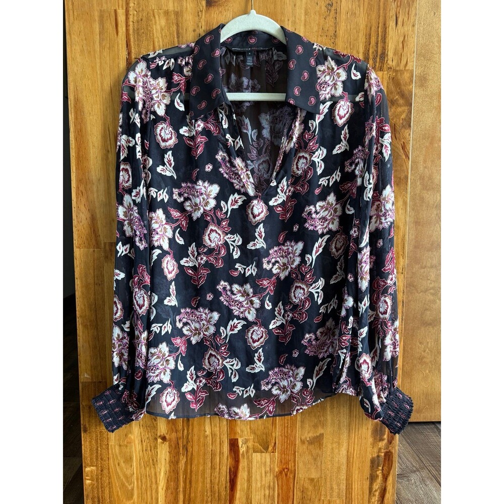 White House Black Market V-Neck Burnout Silk Blouse Sz. Small Moroccan Floral